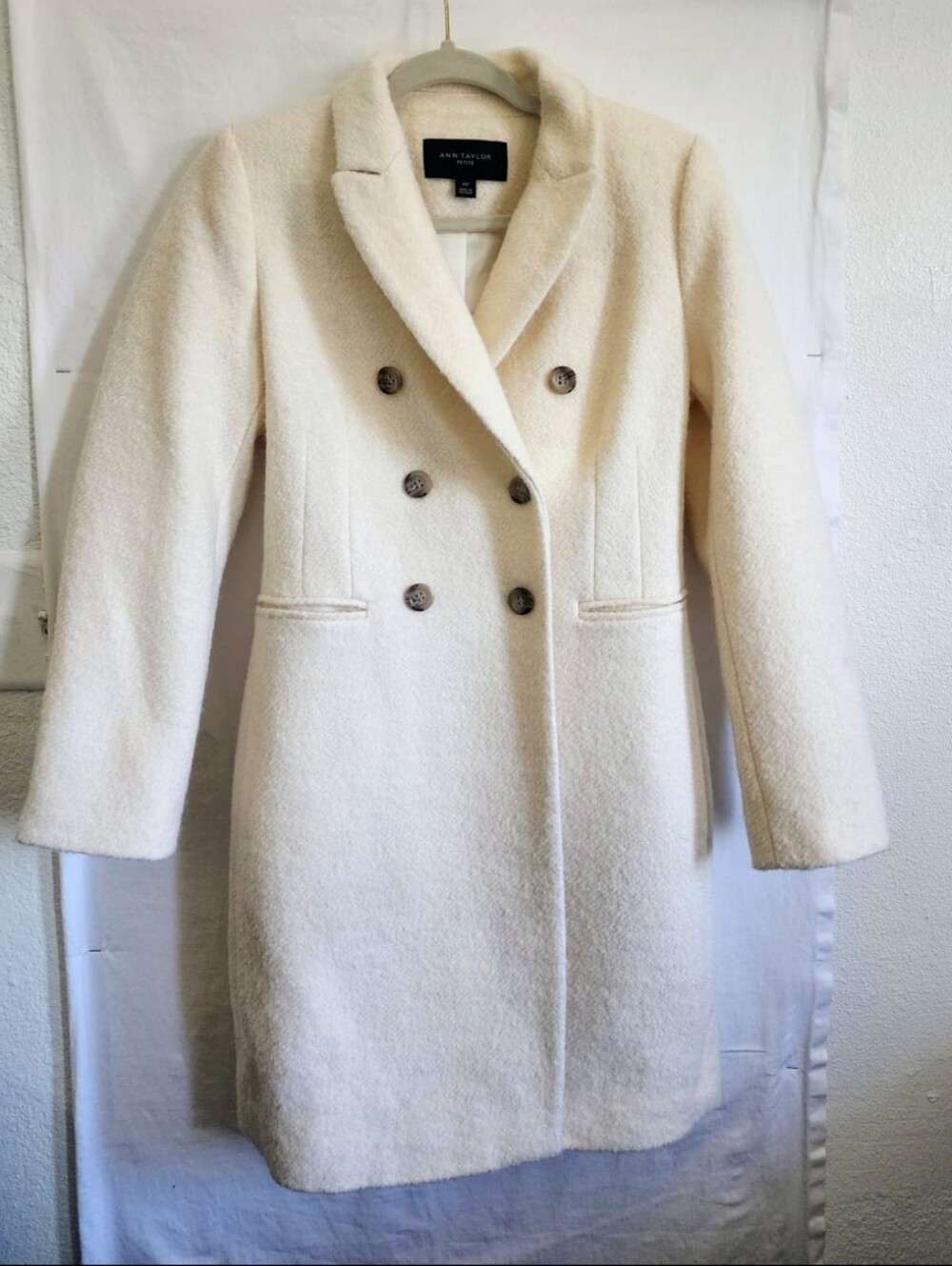 Ann Taylor Ivory Double-Breasted Long Wool Coat. - Picture 2 of 16